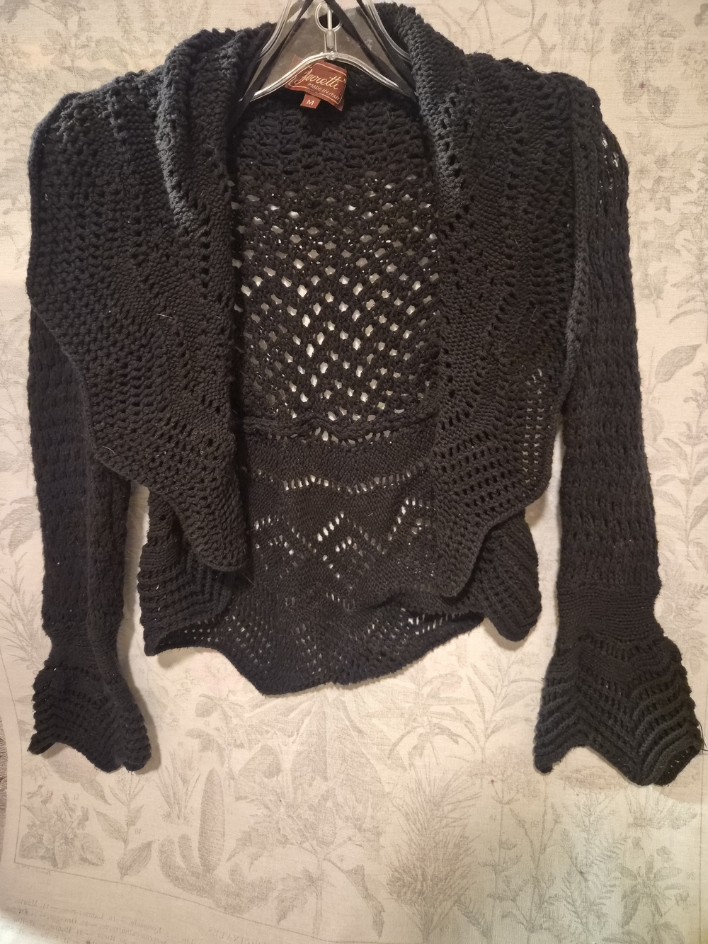 Berretti Made in Italy Black Crochet Knit Open Front Cardigan Sweater Med BOHO
